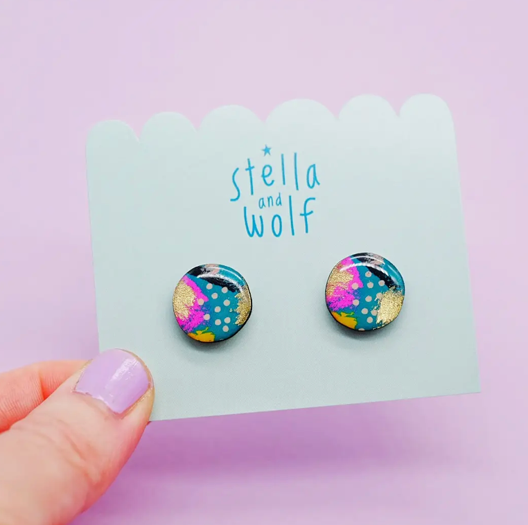 Stella and Wolf - Colourful Wooden Stud Abstract Earrings