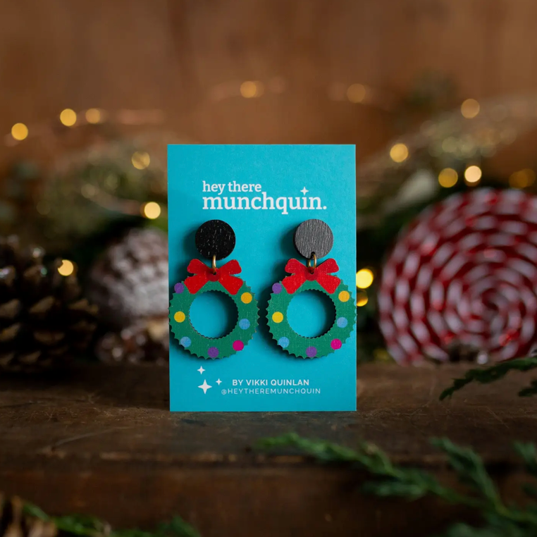 Hey There Munchquin - Festive Wreath Wooden Statement Earrings.