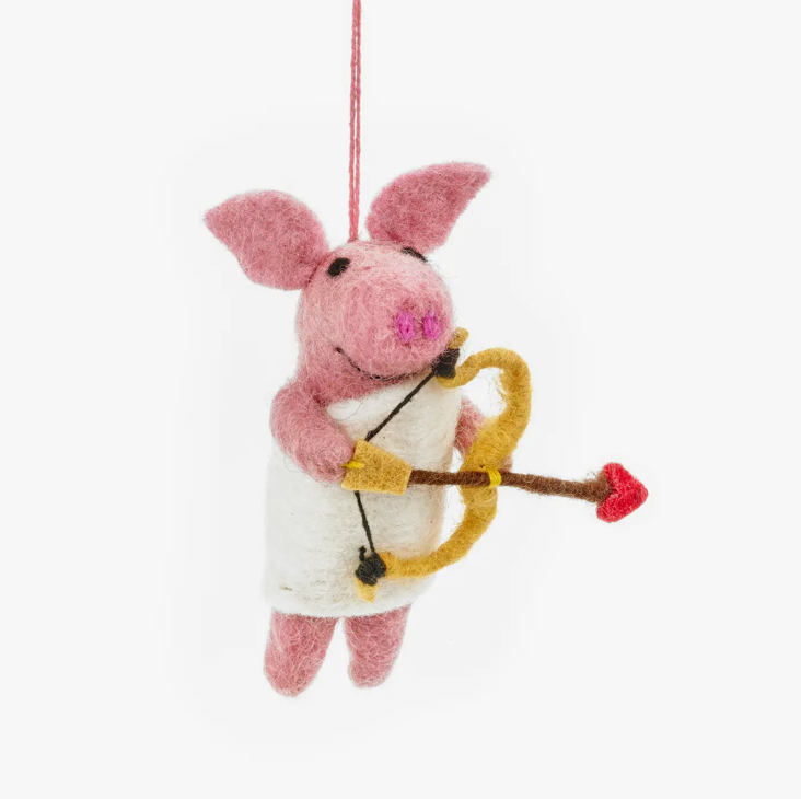Handmade Felt Cupid Valentines Pig Hanging Decoration